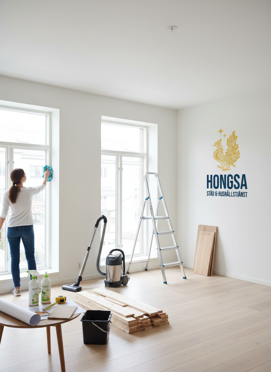 fönster puts med hongsa logga på väggen