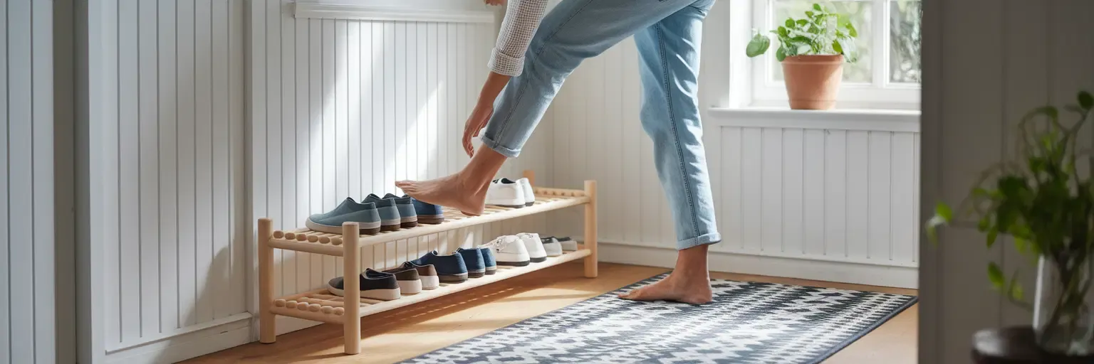 Person som ställer skor på en skohylla.