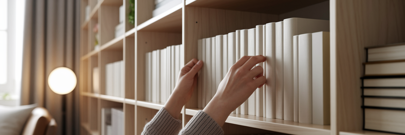 Person som ställer en bok i en bokhylla